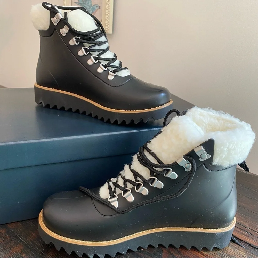 NWT Anthropologie Black Rubber Cream Sherpa Lace Up Snow Rain Boots Size 6